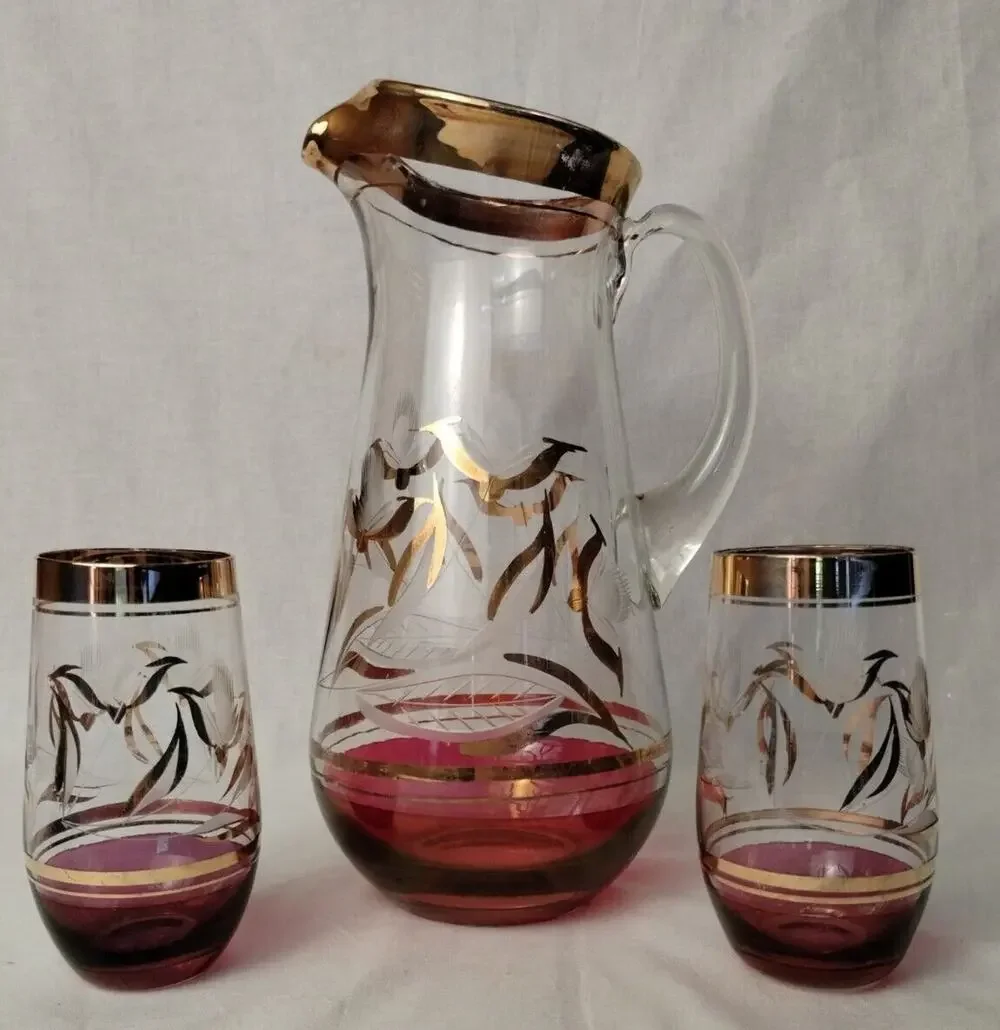 Vintage Glass Pitcher and Two Glasses - Etched - Cracked - Display Only